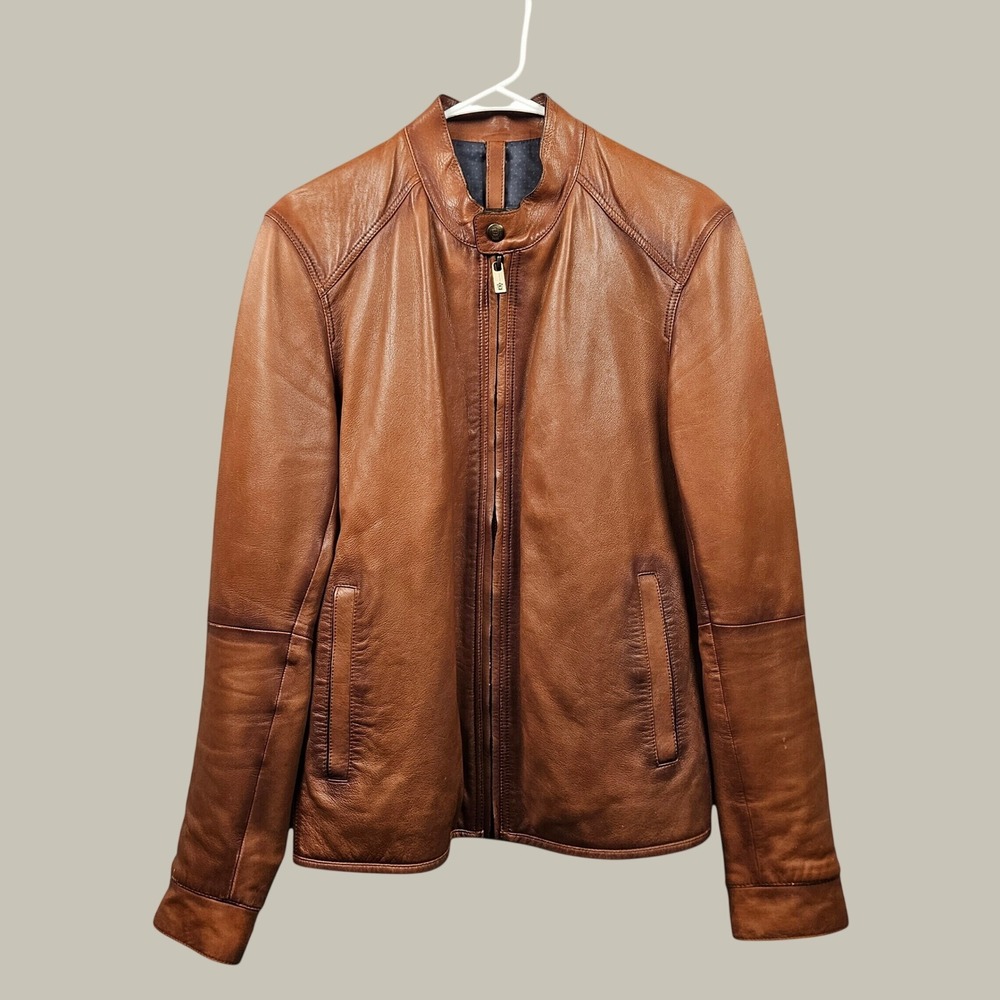 Massimo Dutti Leather Jacket Mens Small Brown Cafe Racer Full Zip Cognac